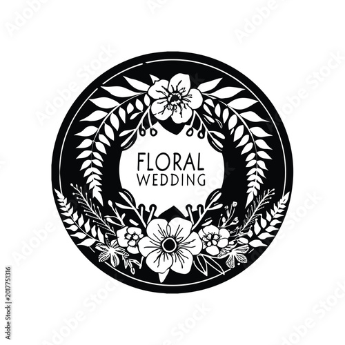 Elegant black and white floral wedding logo with a beautiful wreath design, perfect for invitations and event branding.