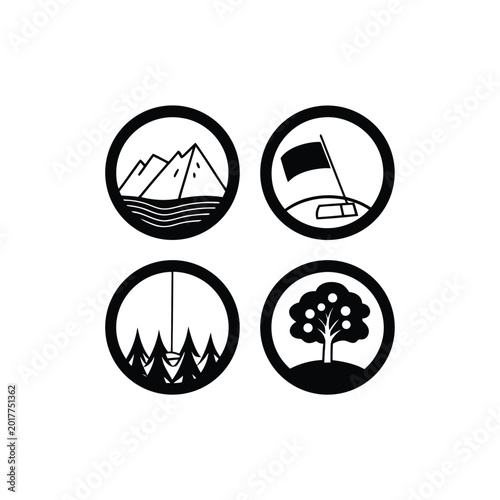 Set of four minimalist circular vector logos depicting mountains, a flag, a forest, and a fruit tree in black and white.