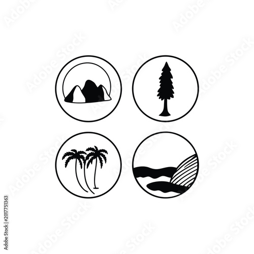 Set of four minimalist circular vector logos depicting mountains, an evergreen tree, palm trees, and ocean waves.
