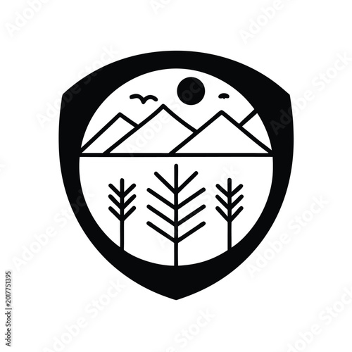 Bold black shield badge featuring a serene mountain range, three stylized trees, a sun, and flying birds, representing wilderness and natural beauty.