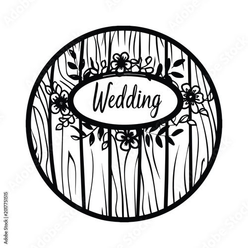 Rustic circular wedding badge featuring a charming wood grain texture background, delicate floral embellishments, and elegant script typography for a romantic event.