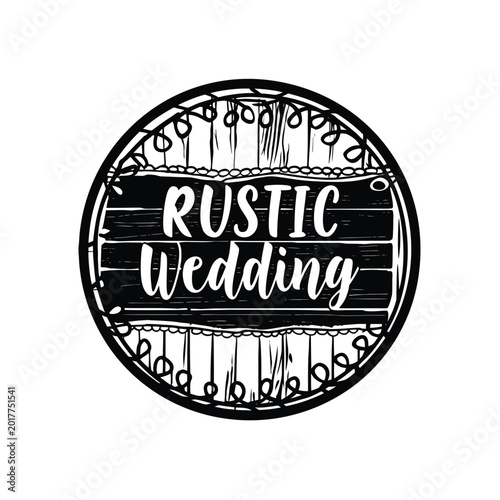 Hand-drawn rustic wedding badge with wood texture and decorative string lights, perfect for invitations, event branding, or country-themed celebrations, isolated on white.