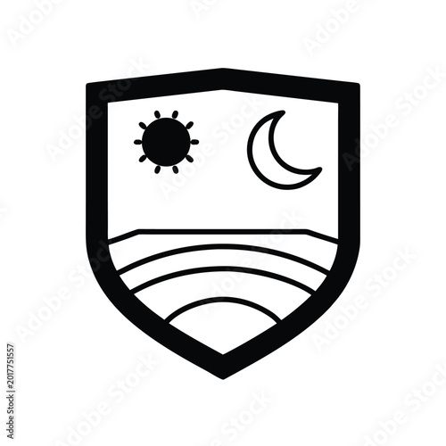 Sun and moon nature badge with landscape and wavy lines, symbolizing day and night.