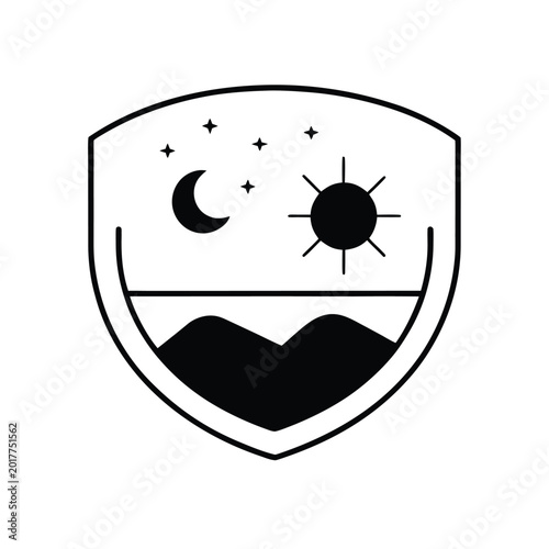 Minimalist shield badge featuring sun, moon, and stars representing day and night over abstract mountains, symbolizing nature's balance and outdoor adventure.