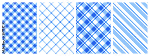 Bild auf Leinwand Blue and White Gingham Plaid Seamless Pattern Set, Classic Checkered and Diagona