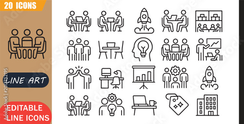 Fotografía Isolated coworking startup icons set, 20 editable line art icons set, workspace