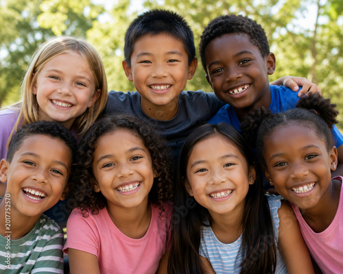 A multinational group of children smiles and looks at the camera. Summer, holidays.