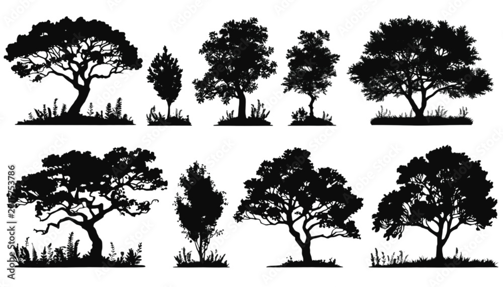Fototapeta premium Trees represented as black silhouettes are arranged in a horizontal row to provide a versatile collection of organic shapes for various design projects that require nature-inspired graphic elements.