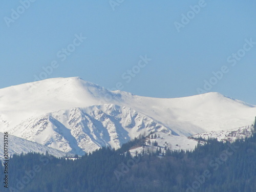 Stunning view of a snow-covered mountain peak above a coniferous forest during early spring