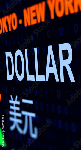 Global exchange rate screen with market data in dollars, falling dollar in China and Europe