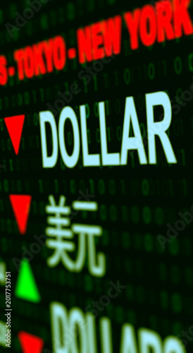 Foreign exchange trading advice showing dollar exchange rates, rising dollar on the stock exchange and falling dollar, in china and europe
