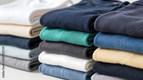 Clothes and towels are stacked in a tidy manner on a flat surface. The colors vary, showing different shades. This scene appears to be in a bright indoor space Generative AI