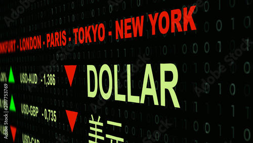 Display of the international Forex market with dollar exchange rates, falling dollar in Asia and Europe