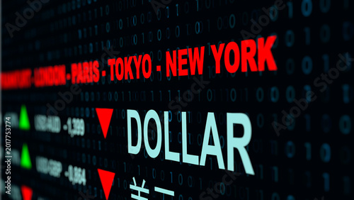 Global exchange rate screen with market data in dollars, falling dollar in China and Europe