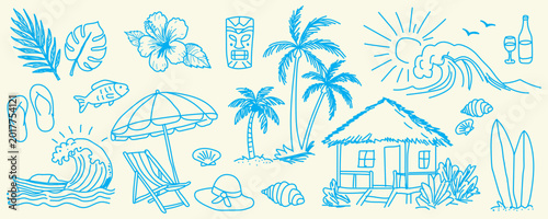 Bild auf Leinwand Hand draw beach and surf doodle vector set
