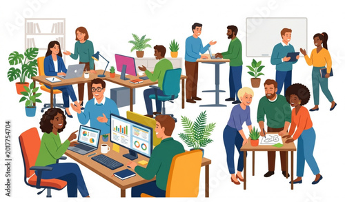 Office teamwork and conversation vector flat cartoon coworkers workplace scene