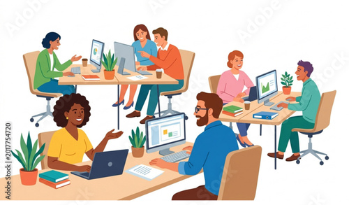 Foto Business coworkers talking in office vector workplace communication illustration