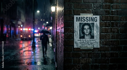 Somber Night in the City Rain-Slicked Street Scene with a Lone Figure and a Prominent Missing Person Poster on a Brick Wall