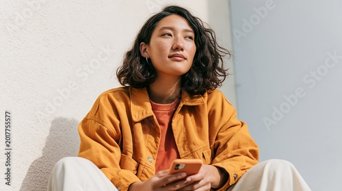 Contemplative Woman in Casual Jacket and Jeans, Outdoor Setting