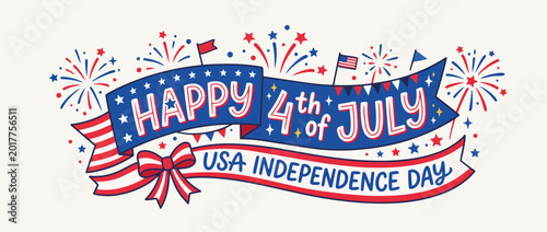 Happy 4th of July USA Independence Day banner. Hand drawn vector illustration with ribbons and fireworks. Patriotic holiday greeting design