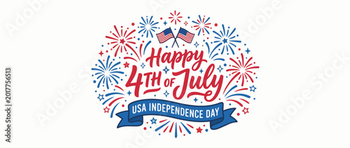 Happy 4th of July USA Independence Day badge. Hand-drawn vector illustration isolated on white background