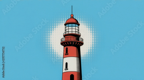 A red and white lighthouse on a pure blue background, rendered with perfect halftone dots in a 1950s comic-book style.