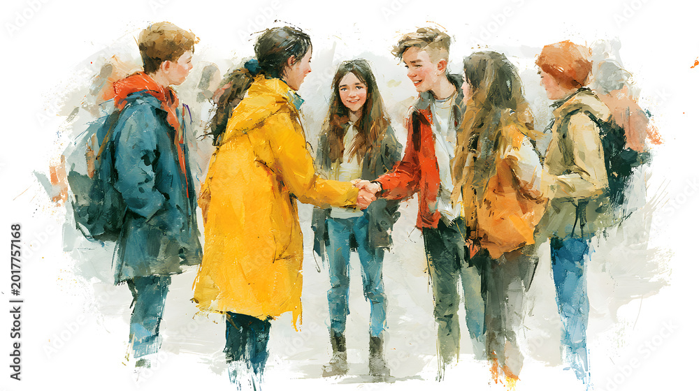 Naklejka premium Orientation for new students, buddy system, friendship, watercolor style on white background