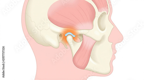 A simplified view of the temporomandibular joint (TMJ). The jawbone, skull base, and small light blue disc of cartilage between them with inflammation shown as a soft orange haze around the disc.