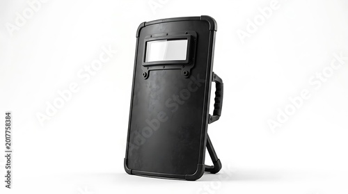 Black tactical shield with a reinforced viewing window, designed for security and law enforcement operations