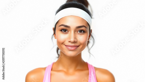 Young woman wearing blank white headband mockup, ai generated. Female fitnessmodel wears absorbent cloth accessory and look at camera, isolated on white background. Athlete clothing concept.
