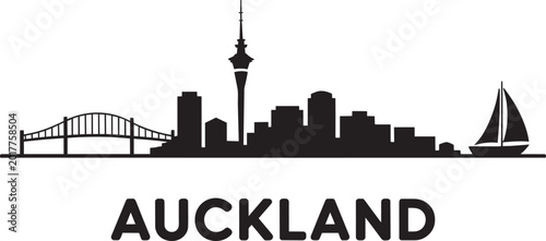 Fotografija Auckland New Zealand city skyline silhouette featuring sky tower harbour bridge