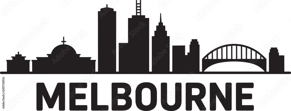 Fototapeta premium Melbourne city skyline with buildings and an arched bridge in solid style on white Australia travel