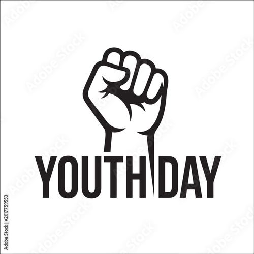 Fist raised symbol with youth day text for activism and empowerment featuring protest, solidarity, strength with unity and black elements for white,