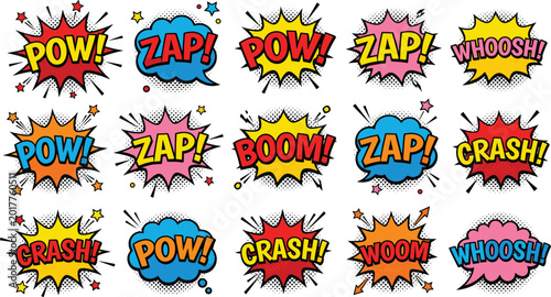 Cuadro en lienzo Comic book style sound effect bubbles set with pow zap boom crash and whoosh wor
