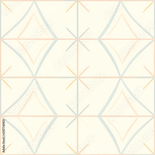 This design features a seamless pattern made of geometric shapes in pastel colors. It is suitable for wallpaper or fabric use in various spaces inside homes or offices Generative AI