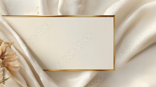 Blank gold framed card on satin surface, delicate dried flowers and soft folds create refined invitation mockup for wedding stationery and luxury branding, gentle shadows and copyspace for typography