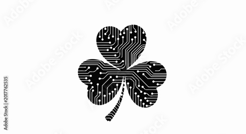Digital shamrock with integrated circuit patterns, symbolizing technology and luck.