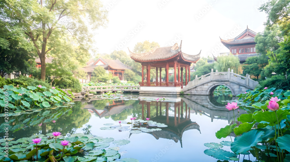 Fototapeta premium Chinese garden landscape, Lotus pond with pavilion and arched bridge, Traditional architecture reflection, Peaceful travel nature background