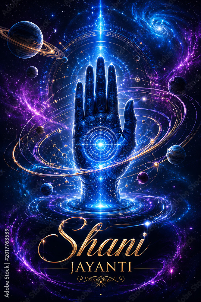 Fototapeta premium Happy shani jayanti cosmic vision of lord shani with glowing blue hand and saturn planet in galaxy space for astrology horoscope and hindu religious banner