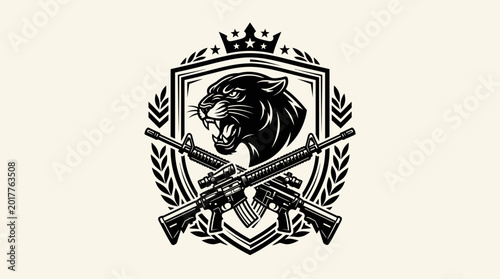 Aggressive Black Panther Head with Crossed Assault Rifles and Stars on a Shield Emblem, in a bright studio.
