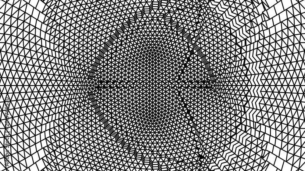 Obraz premium Abstract three dimensional warped grid tunnel surface with distorted geometric perspective in black and white line