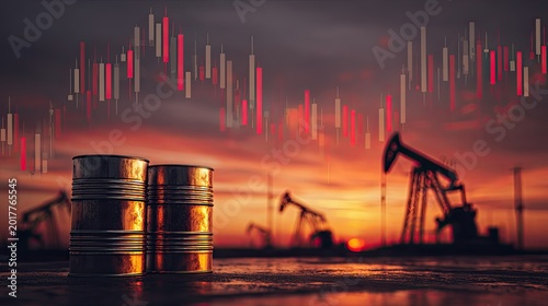 Industrial oil pumps under dramatic sunset sky with stock market graph overlay