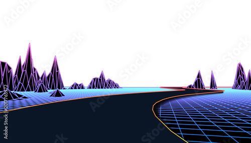 Принти на полотні Retro synthwave road disappearing into neon grid landscape with purple mountains