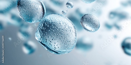 Macro view of translucent silicone gel spheres with tiny air bubbles suspended in liquid