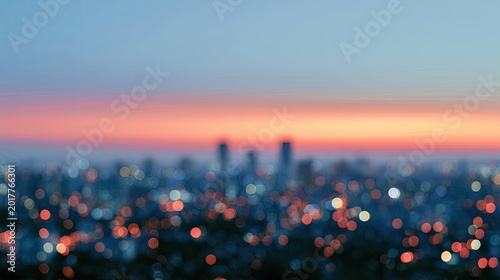 Soft focus urban skyline glows with bokeh lights at sunset