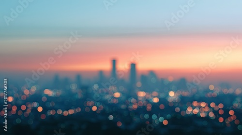 Soft focus city lights and towering silhouettes against a pastel sky