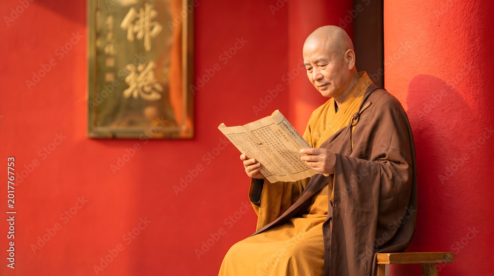 Fototapeta premium Senior Chinese Buddhist monk reading scripture, Red temple wall portrait, Peaceful spiritual study, Traditional monastic lifestyle