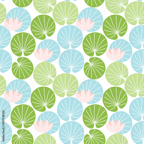 Water lily hand drawn seamless pattern. Cute lotus leaf background for baby textile, wallpaper, fabric, gift wrap print