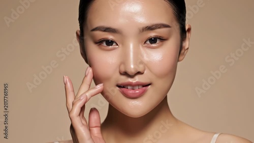 Young asian woman with glowing skin touching her undereye area during skincare routine
