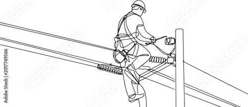 Power Infrastructure Maintenance: Electrician Repairing High-Voltage Lines - Vector Illustration, Electrical Utility Repair. one line Icon drawing